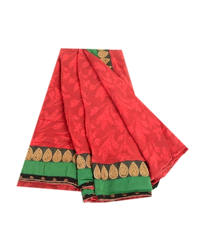 Sanskriti Vintage Red Indian Sarees Print Lace Work Blend Georgette Sari Fabric, PRG-2265-Dark Red-Printed Floral Design-Blend Georgette-2