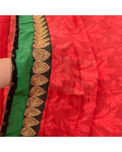 Sanskriti Vintage Red Indian Sarees Print Lace Work Blend Georgette Sari Fabric, PRG-2265-Dark Red-Printed Floral Design-Blend Georgette-4