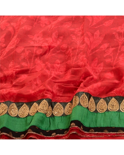 Sanskriti Vintage Red Indian Sarees Print Lace Work Blend Georgette Sari Fabric, PRG-2265-Dark Red-Printed Floral Design-Blend Georgette-6