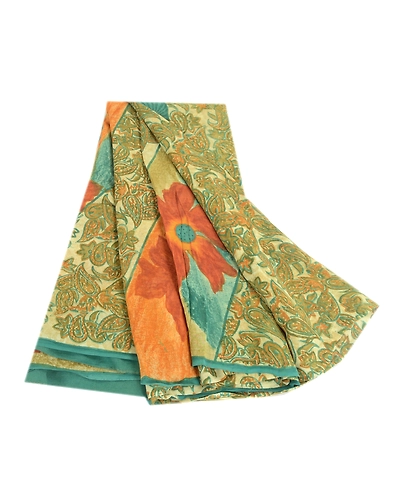 Sanskriti Vintage Green Sarees Pure Georgette Silk Printed Sari 5Yd Craft Fabric, PRG-2300-Green-Printed Floral &amp; Paisley Design-Pure Georgette Silk-2