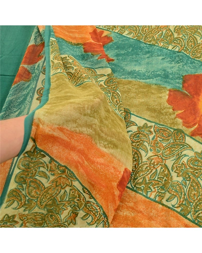 Sanskriti Vintage Green Sarees Pure Georgette Silk Printed Sari 5Yd Craft Fabric, PRG-2300-Green-Printed Floral &amp; Paisley Design-Pure Georgette Silk-4