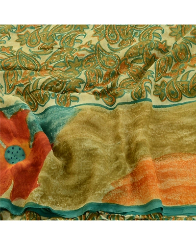 Sanskriti Vintage Green Sarees Pure Georgette Silk Printed Sari 5Yd Craft Fabric, PRG-2300-Green-Printed Floral &amp; Paisley Design-Pure Georgette Silk-6