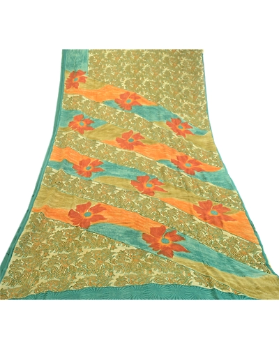 Sanskriti Vintage Green Sarees Pure Georgette Silk Printed Sari 5Yd Craft Fabric, PRG-2300-Green-Printed Floral &amp; Paisley Design-Pure Georgette Silk-8