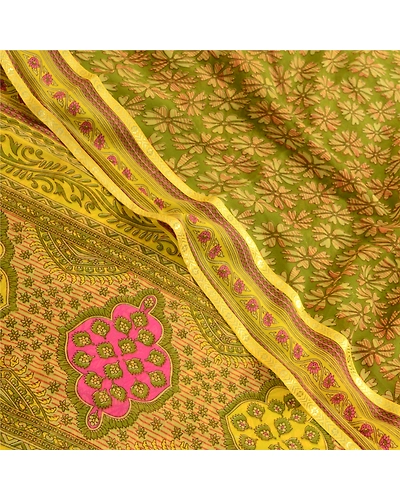 Sanskriti Vintage Green Indian Sarees Printed Georgette Sari Floral Craft Fabric, PRG-2420-Green-Printed Floral Design-Poly Georgette-1
