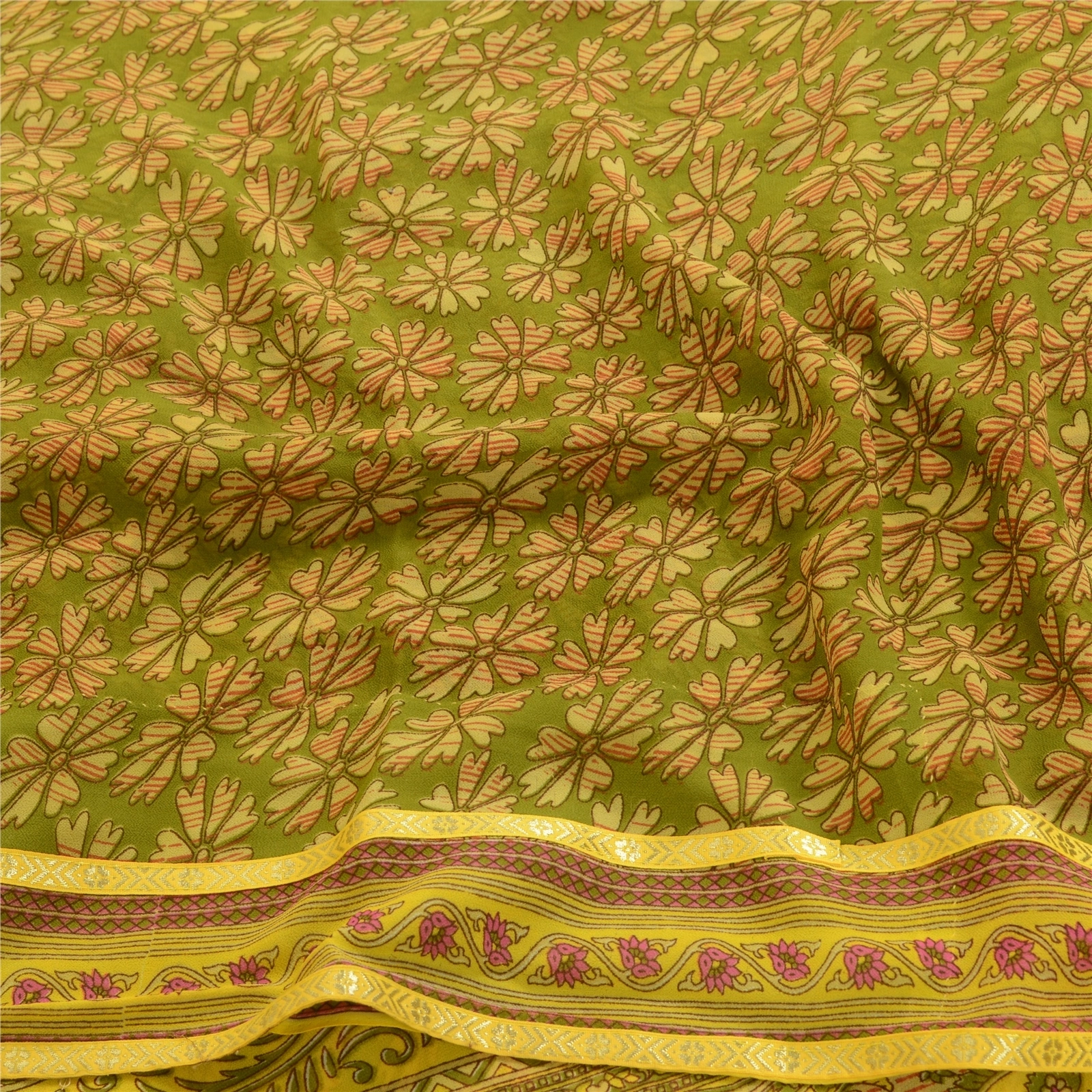 Sanskriti Vintage Green Indian Sarees Printed Georgette Sari Floral Craft Fabric, PRG-2420-Green-Printed Floral Design-Poly Georgette-6