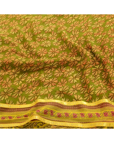 Sanskriti Vintage Green Indian Sarees Printed Georgette Sari Floral Craft Fabric, PRG-2420-Green-Printed Floral Design-Poly Georgette-6