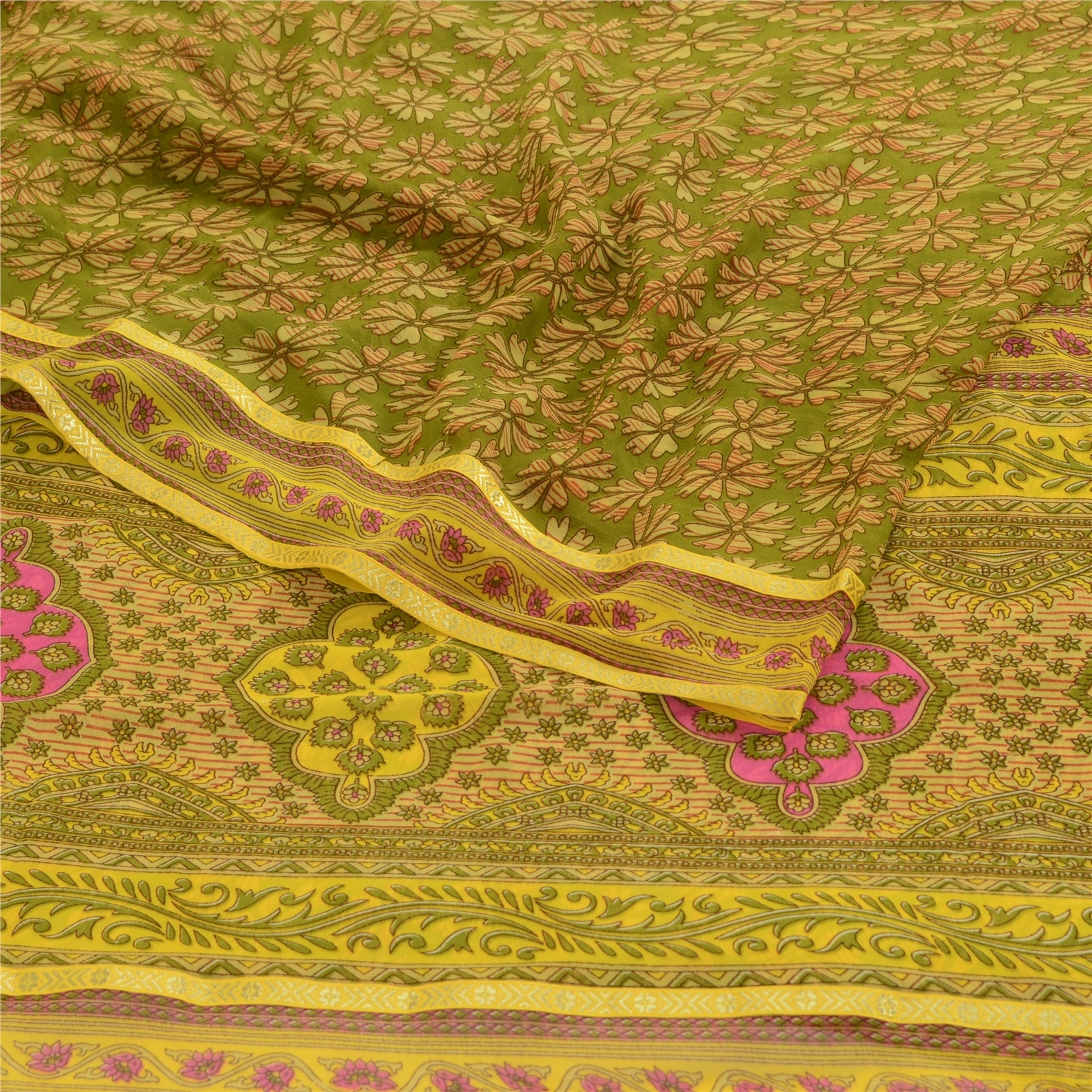 Sanskriti Vintage Green Indian Sarees Printed Georgette Sari Floral Craft Fabric, PRG-2420-Green-Printed Floral Design-Poly Georgette-7