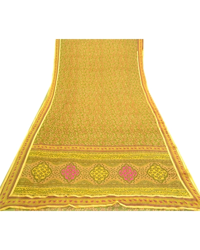 Sanskriti Vintage Green Indian Sarees Printed Georgette Sari Floral Craft Fabric, PRG-2420-Green-Printed Floral Design-Poly Georgette-8