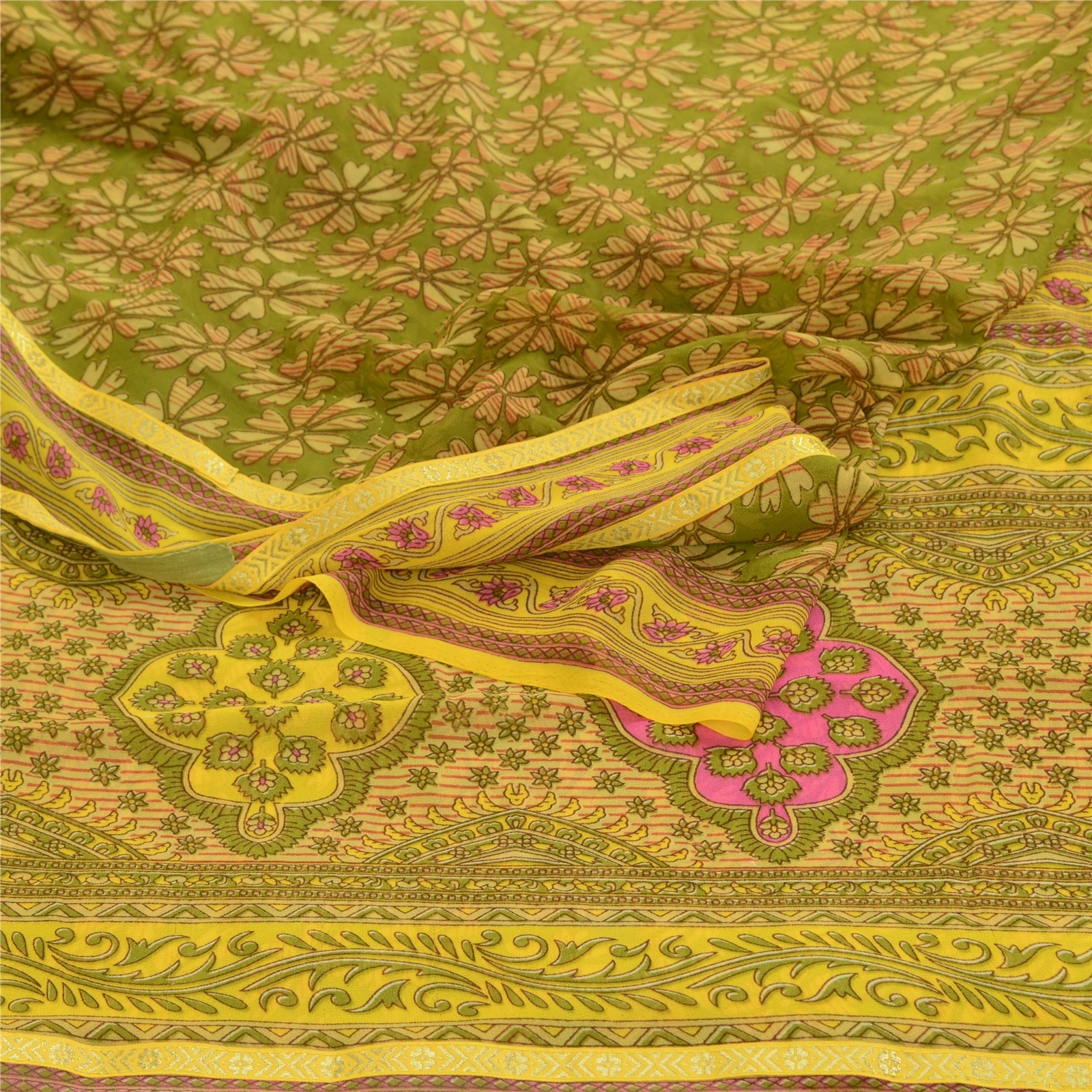 Sanskriti Vintage Green Indian Sarees Printed Georgette Sari Floral Craft Fabric, PRG-2420-Green-Printed Floral Design-Poly Georgette-9