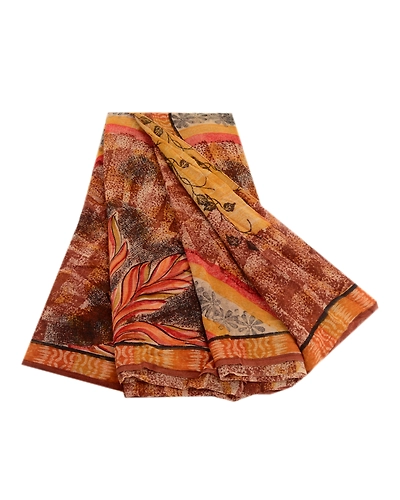 Sanskriti Vintage Brown Sarees Indian Pure Georgette Silk Printed Sari Fabric, PRG-2472-Brown-Printed Floral Design-Pure Georgette Silk-2