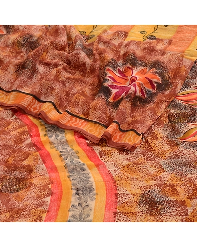 Sanskriti Vintage Brown Sarees Indian Pure Georgette Silk Printed Sari Fabric, PRG-2472-Brown-Printed Floral Design-Pure Georgette Silk-7
