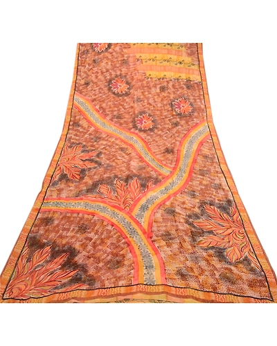 Sanskriti Vintage Brown Sarees Indian Pure Georgette Silk Printed Sari Fabric, PRG-2472-Brown-Printed Floral Design-Pure Georgette Silk-8