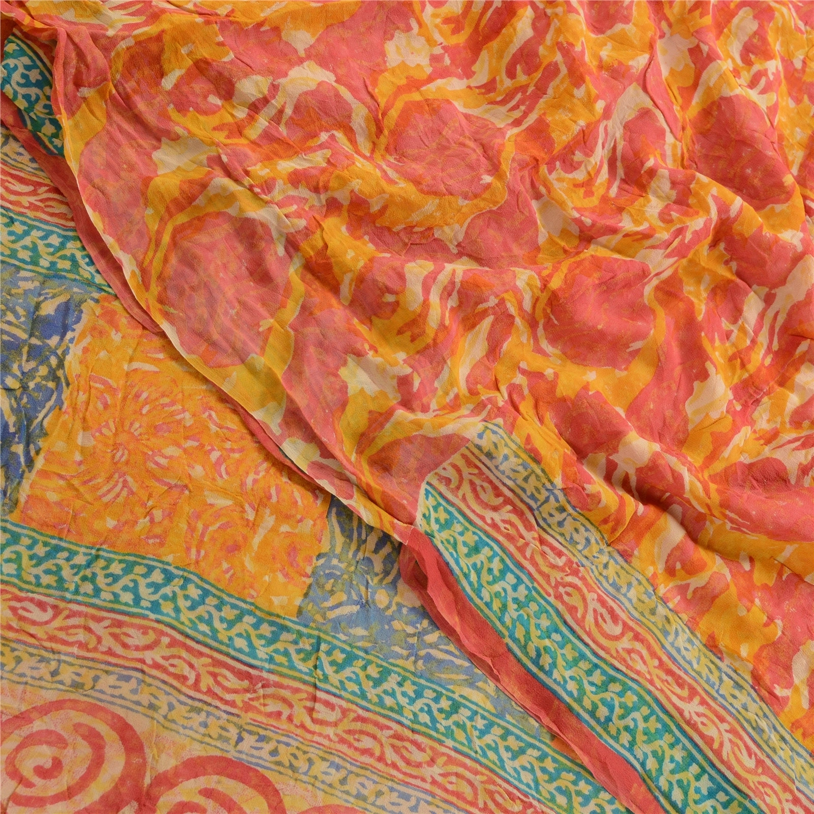 Sanskriti Vintage Orange Sarees Pure Georgette Silk Printed Sari Craft Fabric, PRG-2486-Orange-Printed Floral Design-Pure Georgette Silk-1