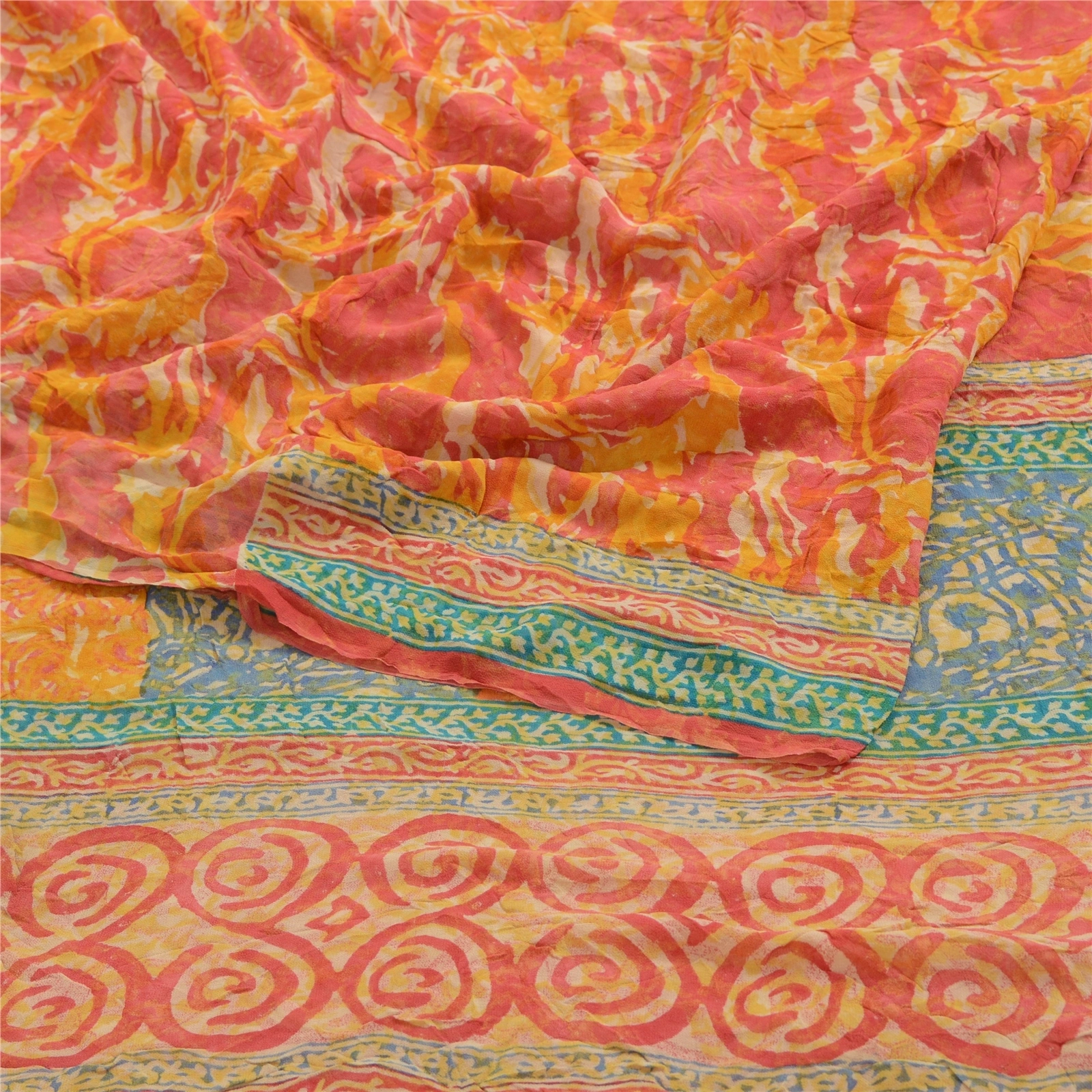 Sanskriti Vintage Orange Sarees Pure Georgette Silk Printed Sari Craft Fabric, PRG-2486-Orange-Printed Floral Design-Pure Georgette Silk-7