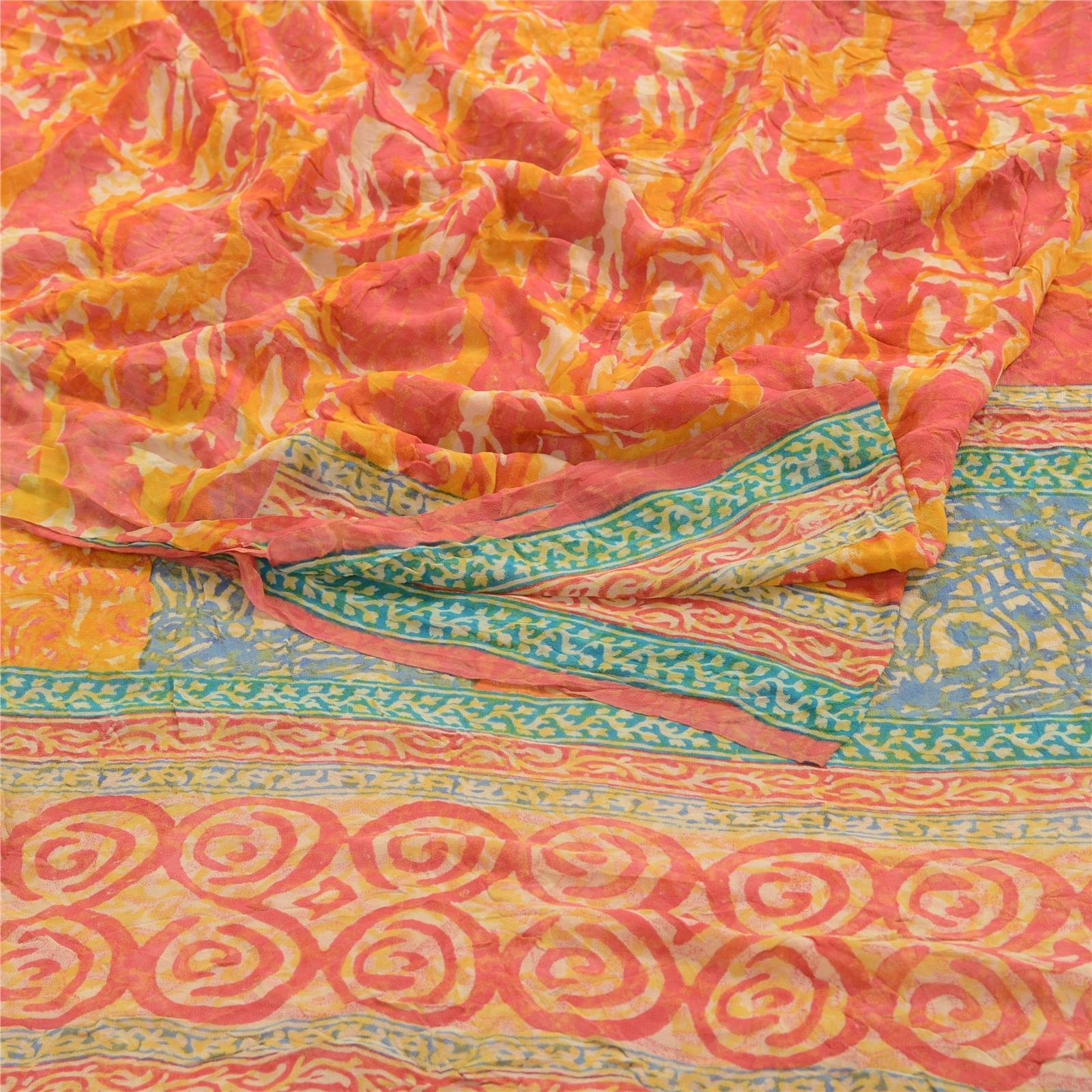 Sanskriti Vintage Orange Sarees Pure Georgette Silk Printed Sari Craft Fabric, PRG-2486-Orange-Printed Floral Design-Pure Georgette Silk-9