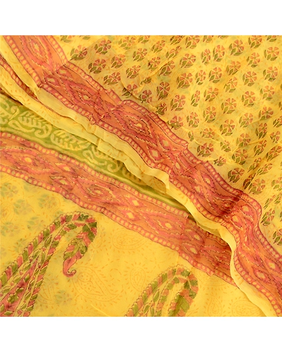 Sanskriti Vintage Yellow Sarees Block Printed Pure Georgette Sari Craft Fabric, PRG-2505-Yellow-Printed Floral &amp; Paisley Design-Pure Georgette Silk-1