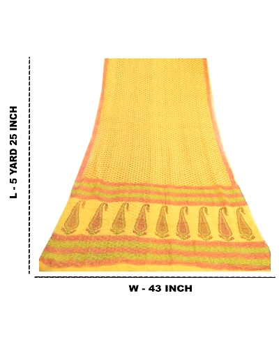 Sanskriti Vintage Yellow Sarees Block Printed Pure Georgette Sari Craft Fabric, PRG-2505-Yellow-Printed Floral &amp; Paisley Design-Pure Georgette Silk-3