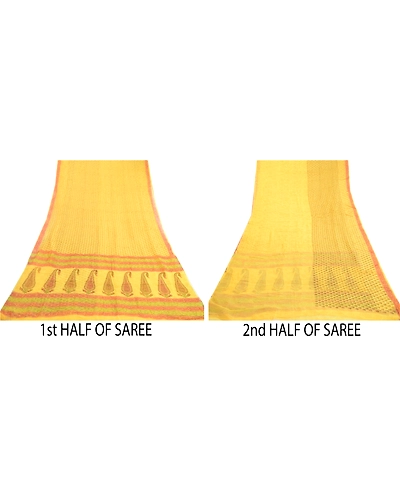 Sanskriti Vintage Yellow Sarees Block Printed Pure Georgette Sari Craft Fabric, PRG-2505-Yellow-Printed Floral &amp; Paisley Design-Pure Georgette Silk-5