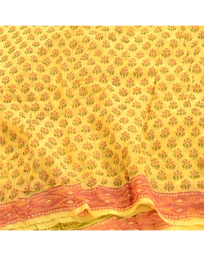Sanskriti Vintage Yellow Sarees Block Printed Pure Georgette Sari Craft Fabric, PRG-2505-Yellow-Printed Floral &amp; Paisley Design-Pure Georgette Silk-6