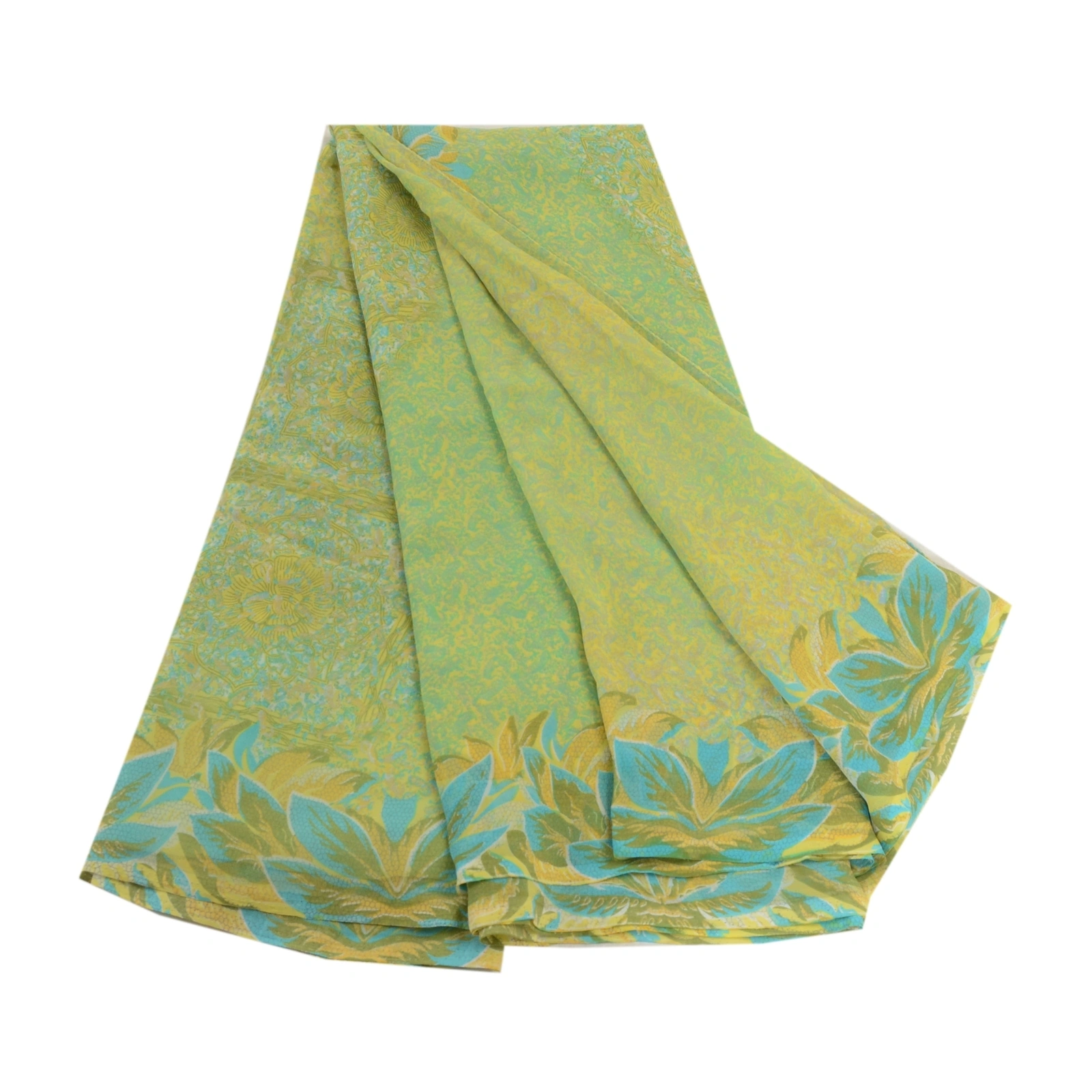 Sanskriti Vintage Green Indian Sarees Printed Georgette Sari 5Yd Craft Fabric, PRG-2754-Green-Printed Floral Design-Poly Georgette-2