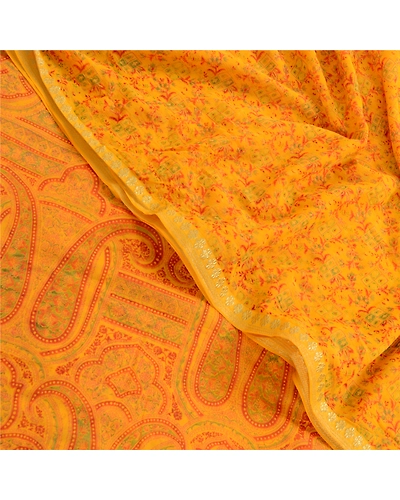 Sanskriti Vintage Yellow Zari Border Sarees Printed Chiffon Sari Craft Fabric, PRG-2783-Yellow-Printed Floral Design-Poly Chiffon-1