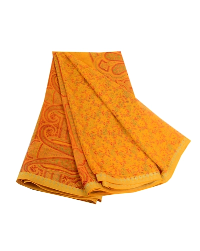 Sanskriti Vintage Yellow Zari Border Sarees Printed Chiffon Sari Craft Fabric, PRG-2783-Yellow-Printed Floral Design-Poly Chiffon-2