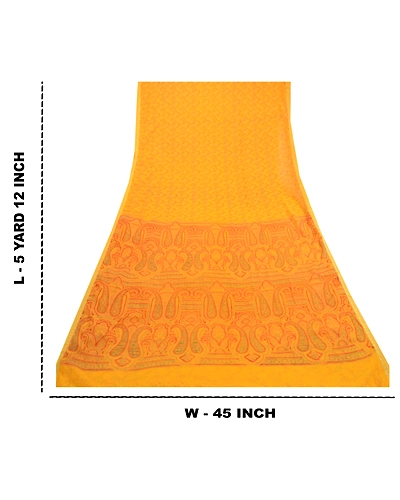 Sanskriti Vintage Yellow Zari Border Sarees Printed Chiffon Sari Craft Fabric, PRG-2783-Yellow-Printed Floral Design-Poly Chiffon-3