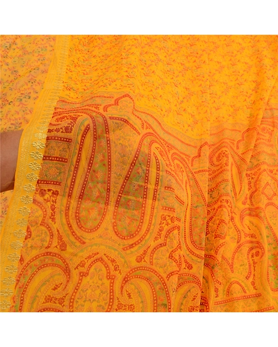 Sanskriti Vintage Yellow Zari Border Sarees Printed Chiffon Sari Craft Fabric, PRG-2783-Yellow-Printed Floral Design-Poly Chiffon-4