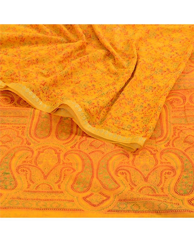 Sanskriti Vintage Yellow Zari Border Sarees Printed Chiffon Sari Craft Fabric, PRG-2783-Yellow-Printed Floral Design-Poly Chiffon-7