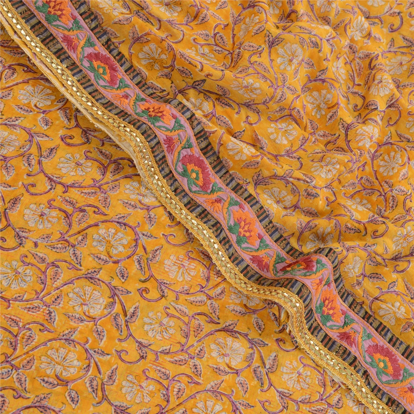 Sanskriti Vintage Yellow Sarees Pure Georgette Silk Printed Sari Craft Fabric, PRG-2802-Yellow-Printed Floral Design-Pure Georgette Silk-1