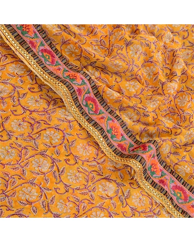 Sanskriti Vintage Yellow Sarees Pure Georgette Silk Printed Sari Craft Fabric, PRG-2802-Yellow-Printed Floral Design-Pure Georgette Silk-1