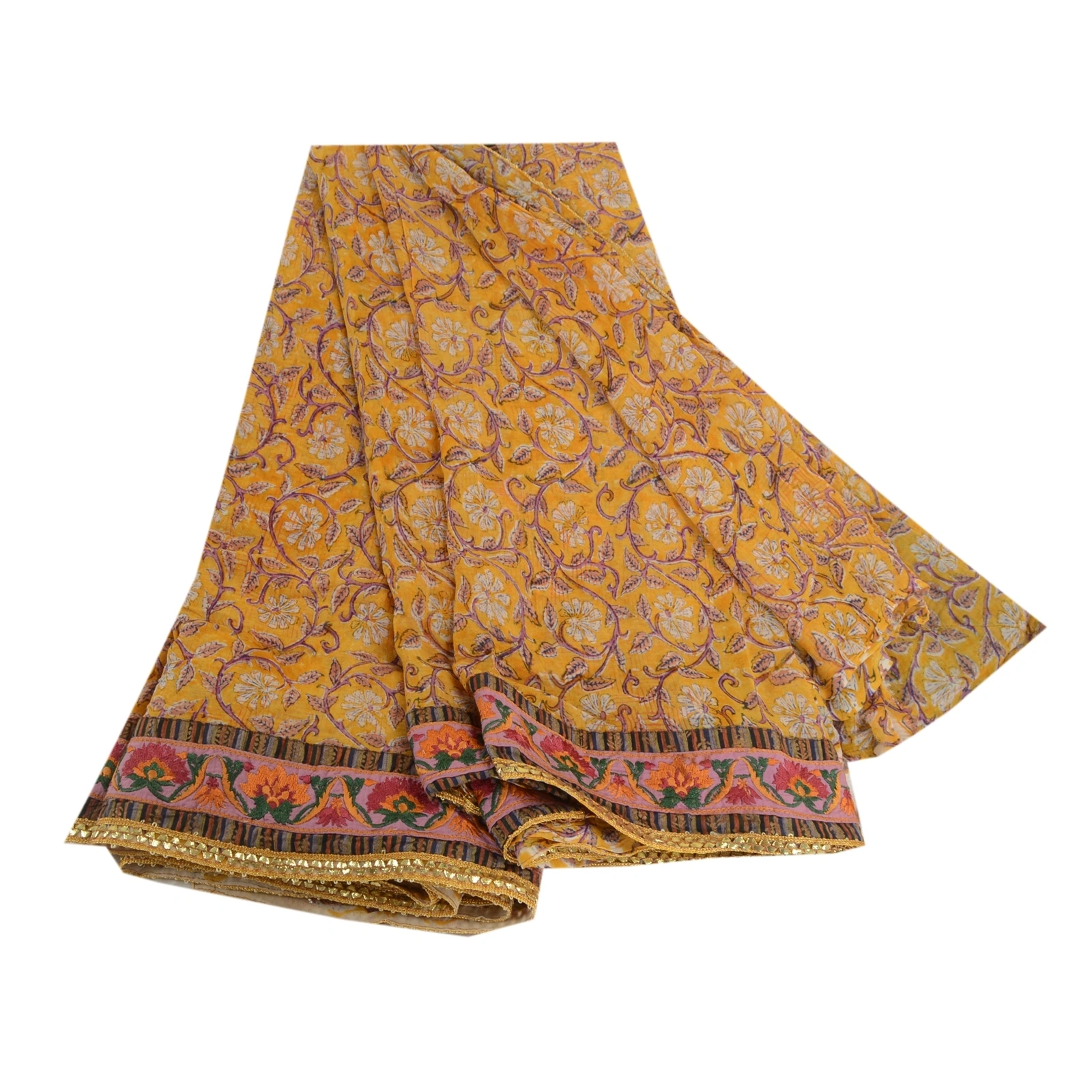 Sanskriti Vintage Yellow Sarees Pure Georgette Silk Printed Sari Craft Fabric, PRG-2802-Yellow-Printed Floral Design-Pure Georgette Silk-2