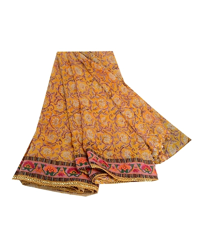 Sanskriti Vintage Yellow Sarees Pure Georgette Silk Printed Sari Craft Fabric, PRG-2802-Yellow-Printed Floral Design-Pure Georgette Silk-2
