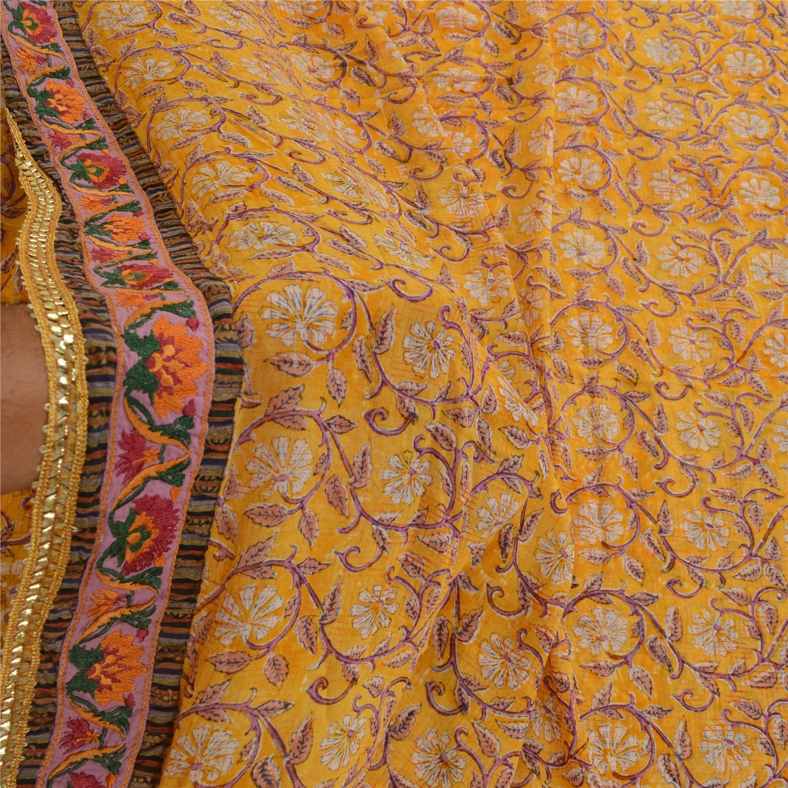 Sanskriti Vintage Yellow Sarees Pure Georgette Silk Printed Sari Craft Fabric, PRG-2802-Yellow-Printed Floral Design-Pure Georgette Silk-5