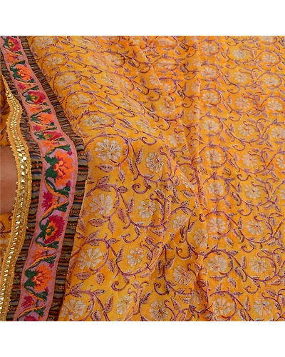 Sanskriti Vintage Yellow Sarees Pure Georgette Silk Printed Sari Craft Fabric, PRG-2802-Yellow-Printed Floral Design-Pure Georgette Silk-5