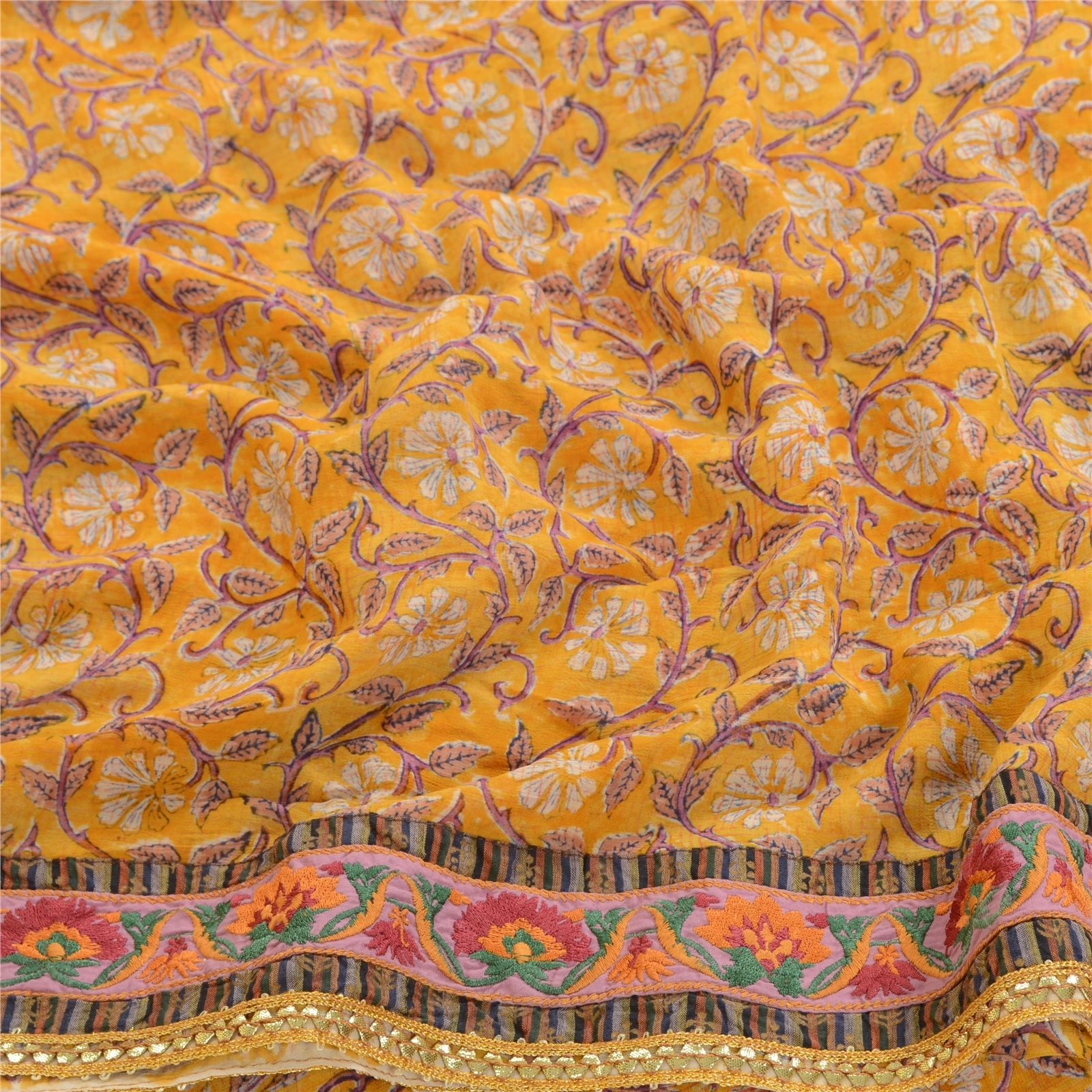 Sanskriti Vintage Yellow Sarees Pure Georgette Silk Printed Sari Craft Fabric, PRG-2802-Yellow-Printed Floral Design-Pure Georgette Silk-7