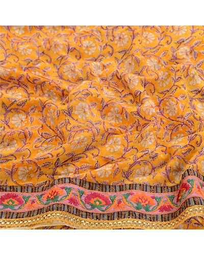 Sanskriti Vintage Yellow Sarees Pure Georgette Silk Printed Sari Craft Fabric, PRG-2802-Yellow-Printed Floral Design-Pure Georgette Silk-7
