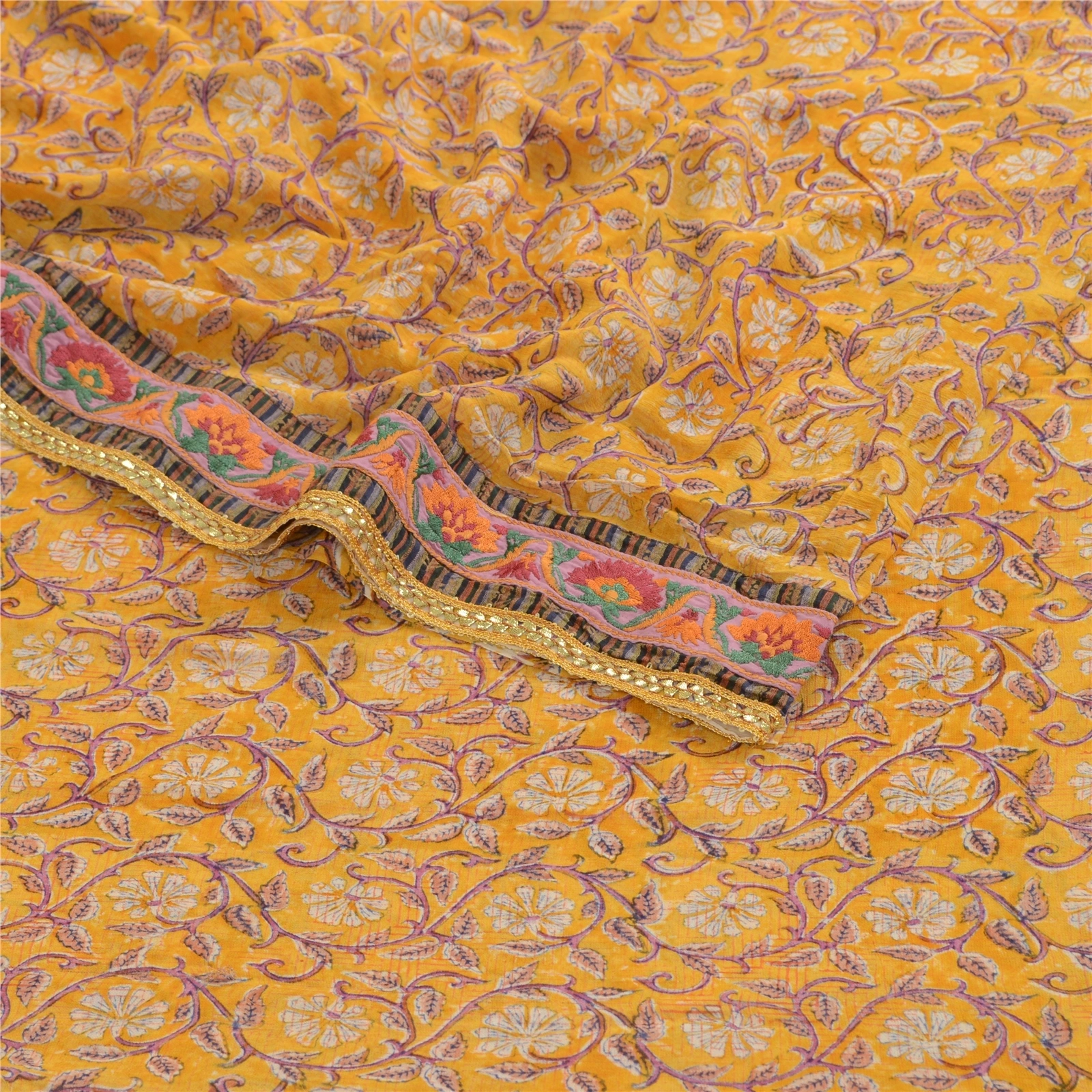 Sanskriti Vintage Yellow Sarees Pure Georgette Silk Printed Sari Craft Fabric, PRG-2802-Yellow-Printed Floral Design-Pure Georgette Silk-8