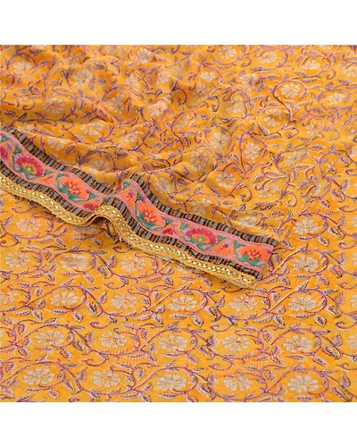 Sanskriti Vintage Yellow Sarees Pure Georgette Silk Printed Sari Craft Fabric, PRG-2802-Yellow-Printed Floral Design-Pure Georgette Silk-8