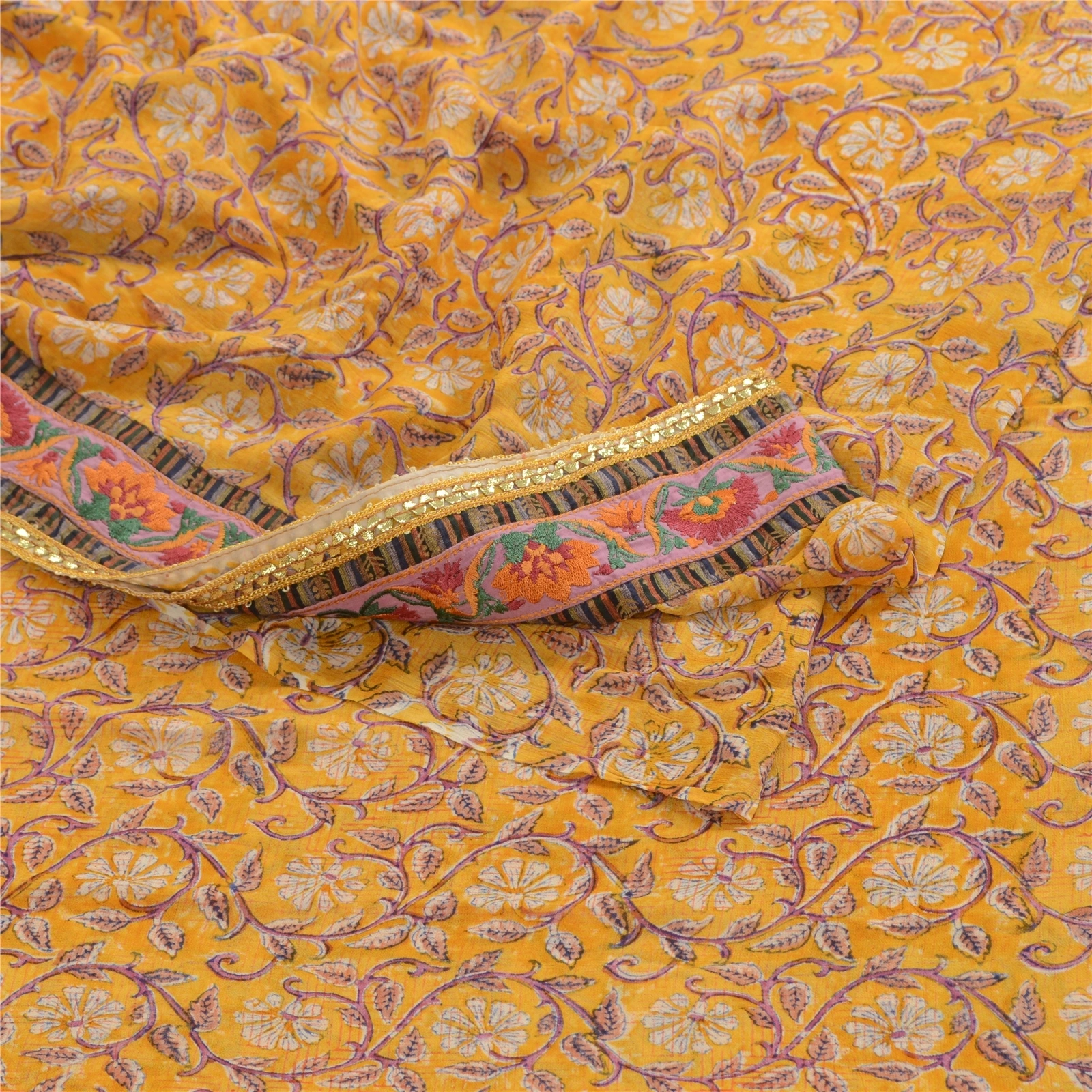 Sanskriti Vintage Yellow Sarees Pure Georgette Silk Printed Sari Craft Fabric, PRG-2802-Yellow-Printed Floral Design-Pure Georgette Silk-10