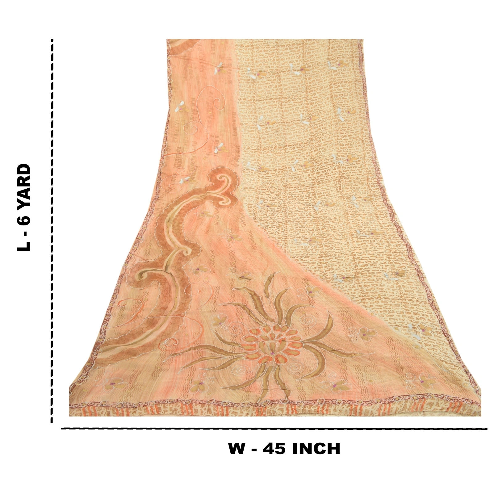 Sanskriti Vintage Peach Sarees Pure Georgette Silk Printed Sari 5Yd Craft Fabric, PRG-2811-Peach-Painted Floral Design-Pure Georgette Silk-3