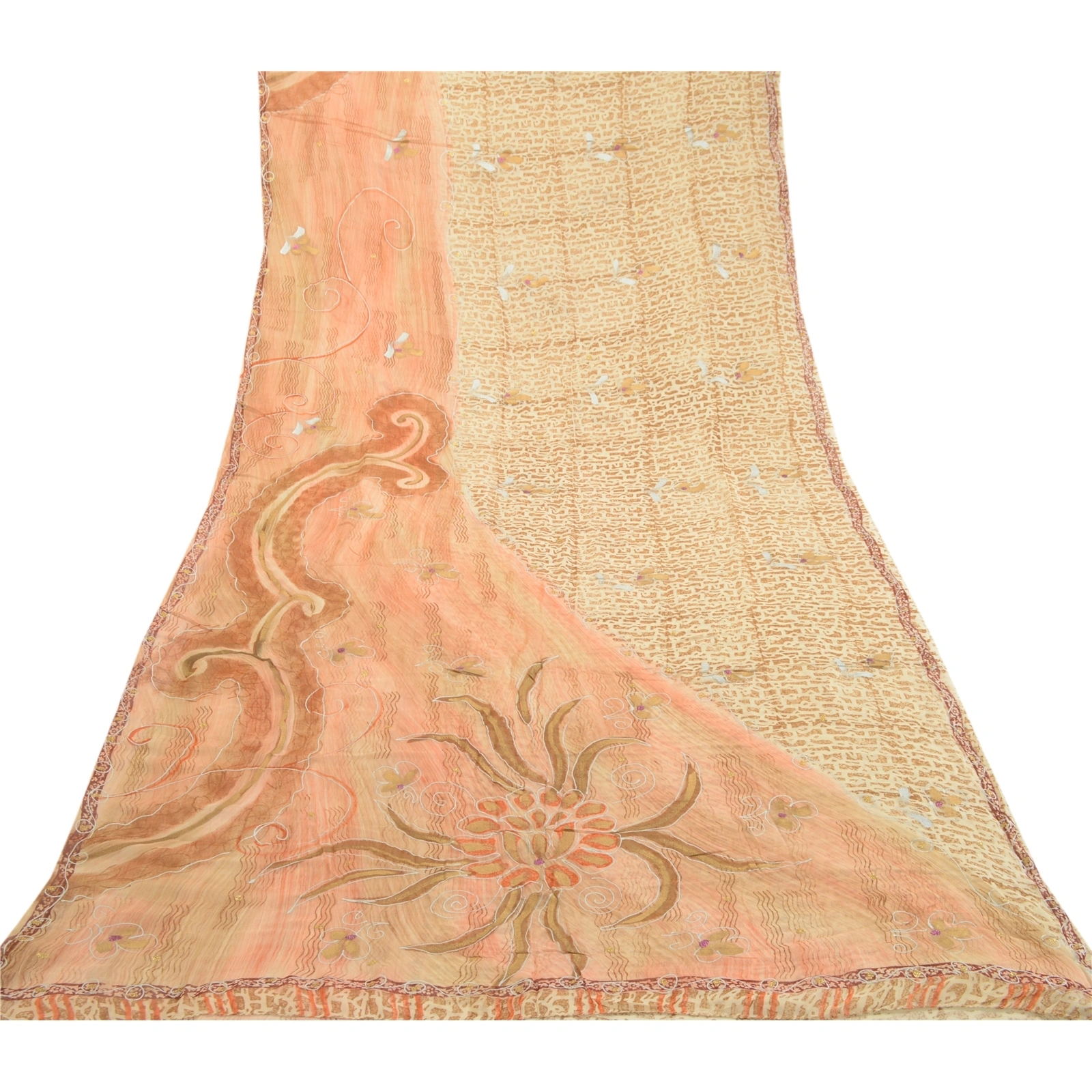 Sanskriti Vintage Peach Sarees Pure Georgette Silk Printed Sari 5Yd Craft Fabric, PRG-2811-Peach-Painted Floral Design-Pure Georgette Silk-8