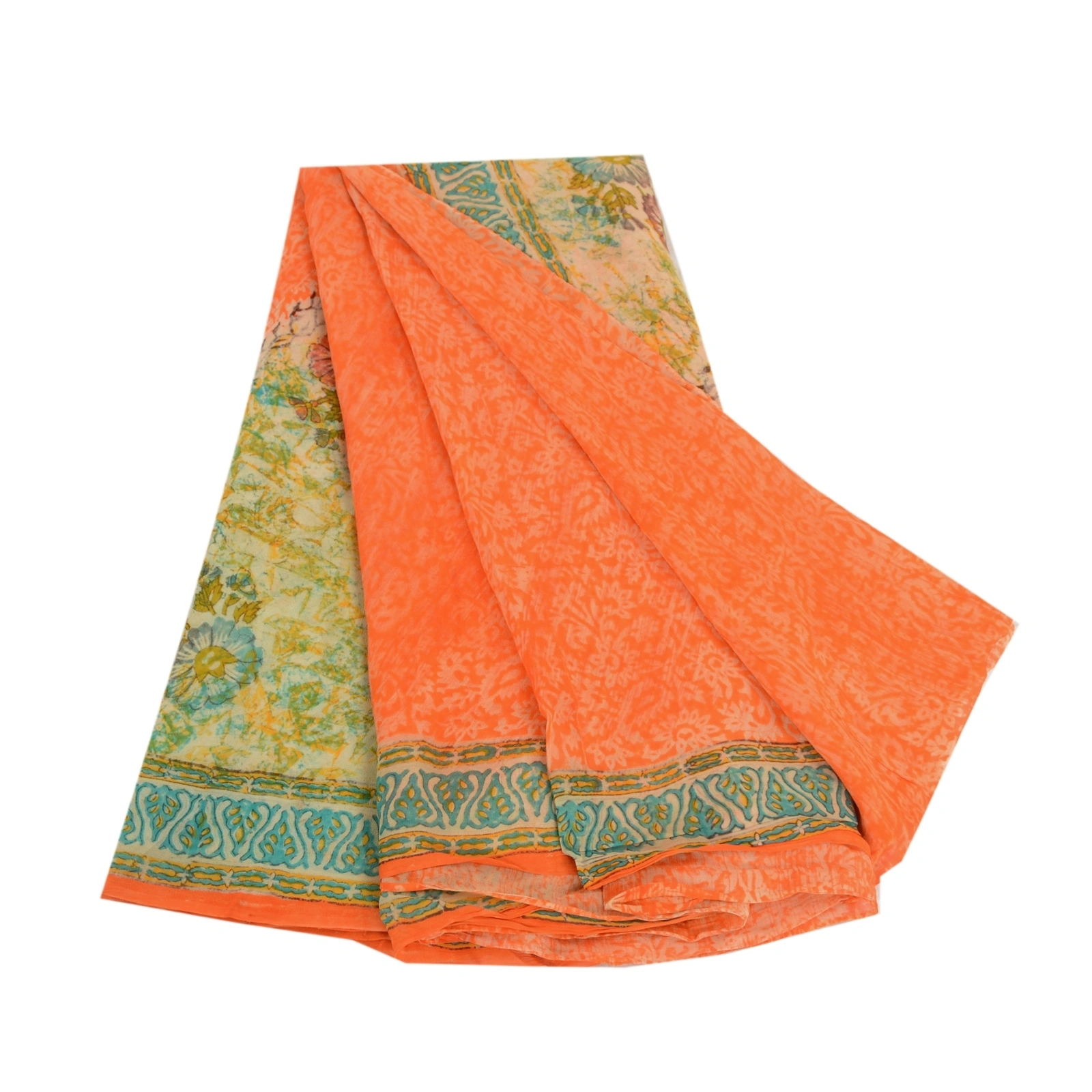 Sanskriti Vintage Orange Sarees Pure Georgette Silk Printed Sari Craft Fabric, PRG-2914-Orange-Printed Floral Design-Pure Georgette Silk-2