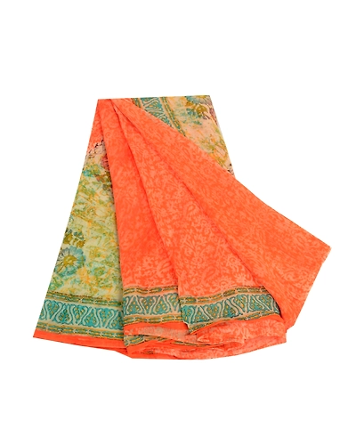 Sanskriti Vintage Orange Sarees Pure Georgette Silk Printed Sari Craft Fabric, PRG-2914-Orange-Printed Floral Design-Pure Georgette Silk-2