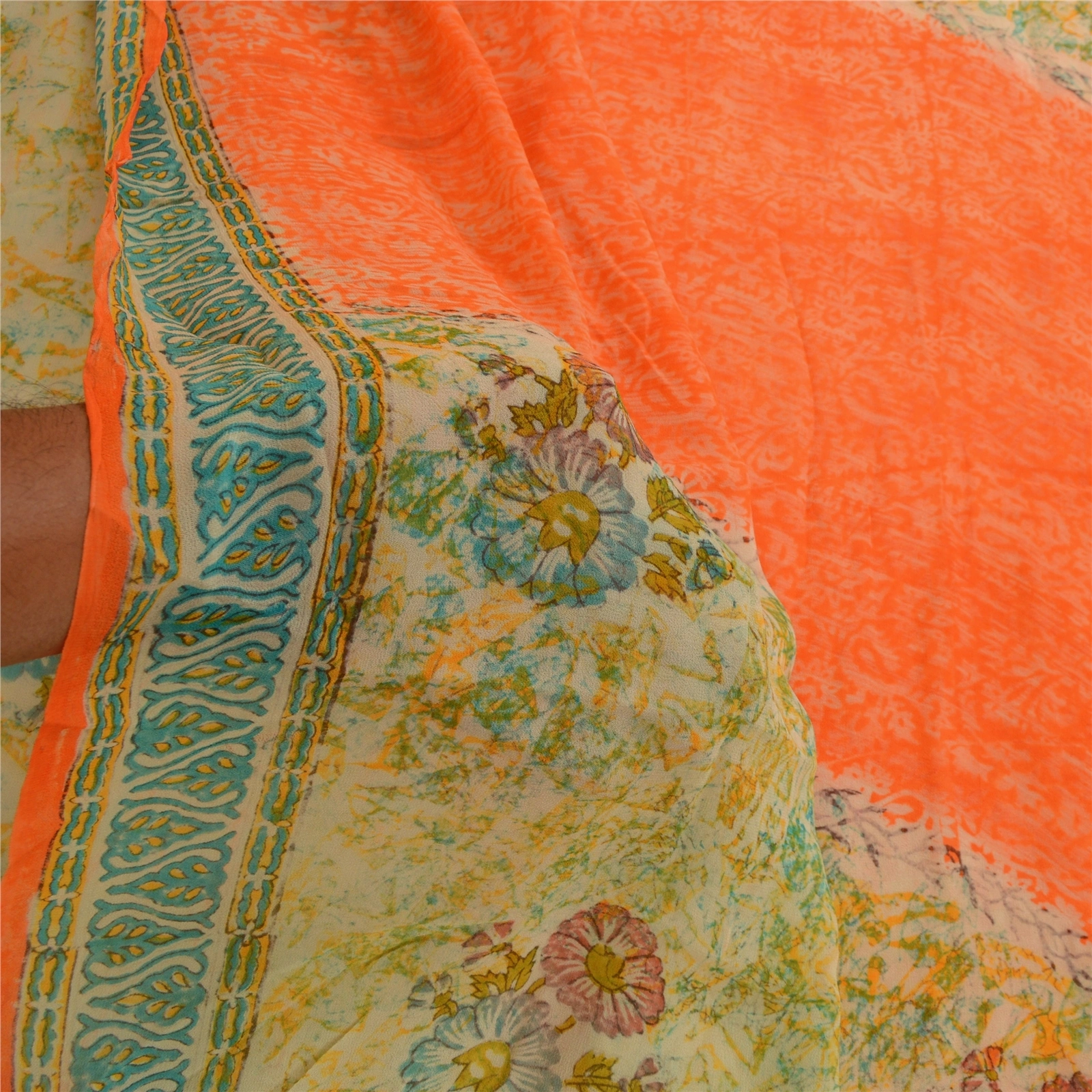 Sanskriti Vintage Orange Sarees Pure Georgette Silk Printed Sari Craft Fabric, PRG-2914-Orange-Printed Floral Design-Pure Georgette Silk-4