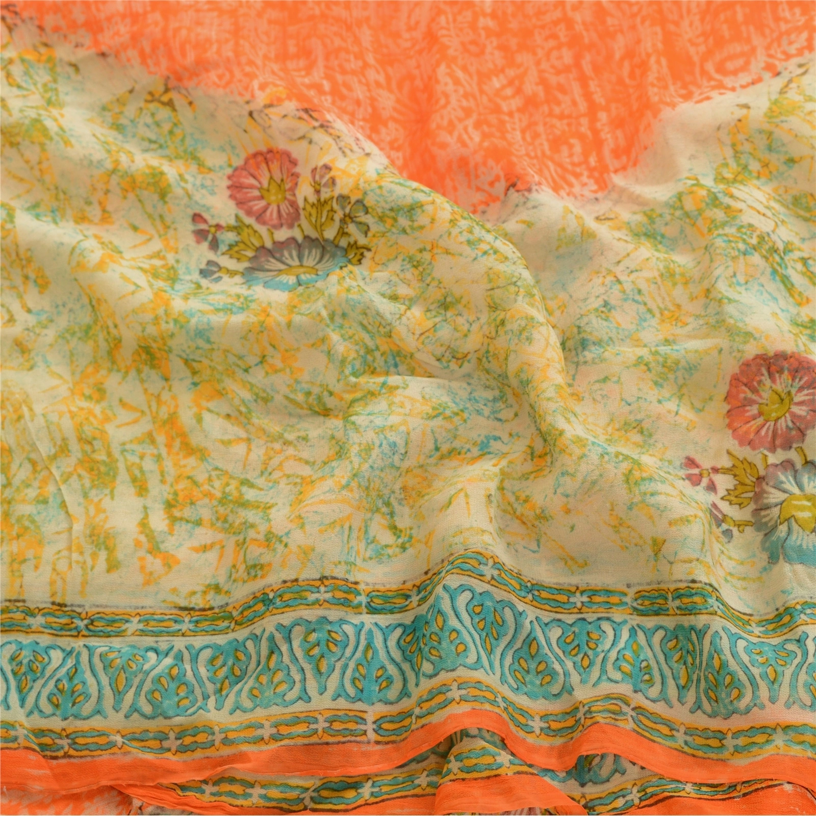 Sanskriti Vintage Orange Sarees Pure Georgette Silk Printed Sari Craft Fabric, PRG-2914-Orange-Printed Floral Design-Pure Georgette Silk-6