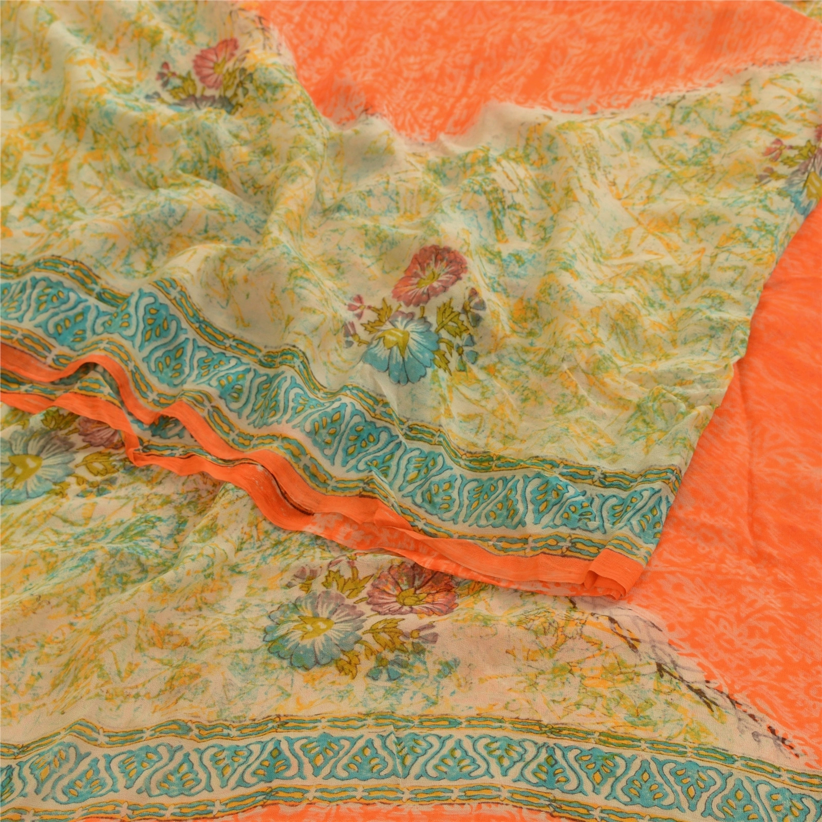 Sanskriti Vintage Orange Sarees Pure Georgette Silk Printed Sari Craft Fabric, PRG-2914-Orange-Printed Floral Design-Pure Georgette Silk-7