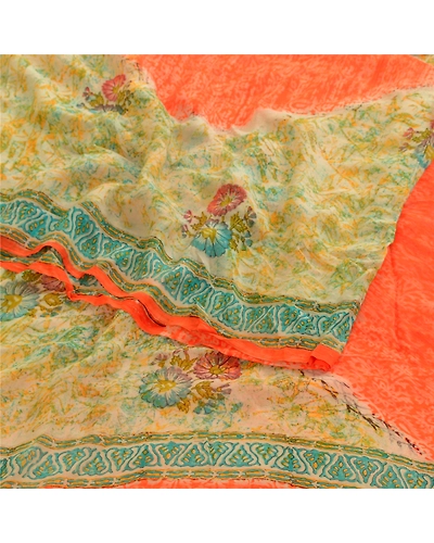 Sanskriti Vintage Orange Sarees Pure Georgette Silk Printed Sari Craft Fabric, PRG-2914-Orange-Printed Floral Design-Pure Georgette Silk-7