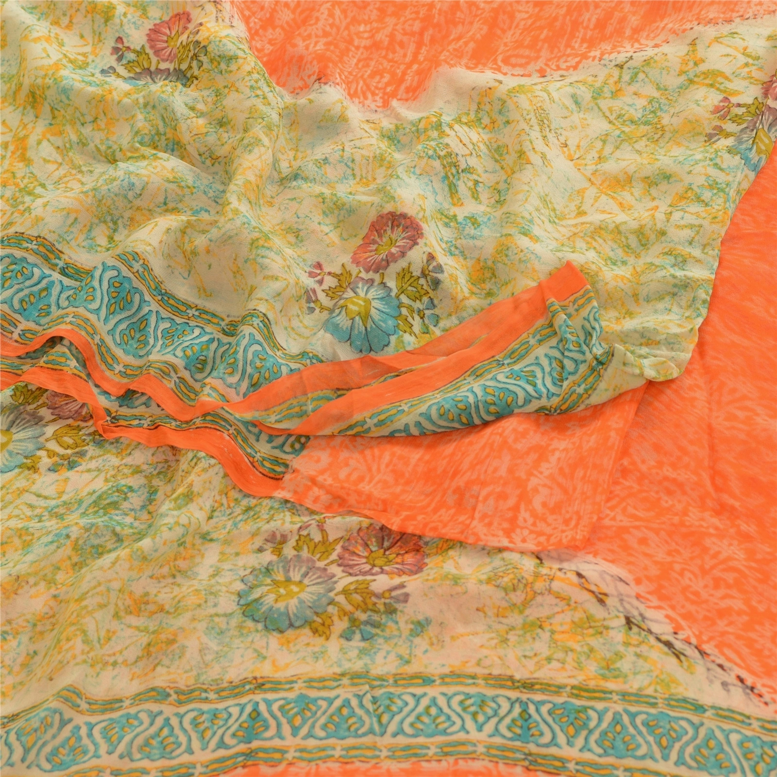 Sanskriti Vintage Orange Sarees Pure Georgette Silk Printed Sari Craft Fabric, PRG-2914-Orange-Printed Floral Design-Pure Georgette Silk-9