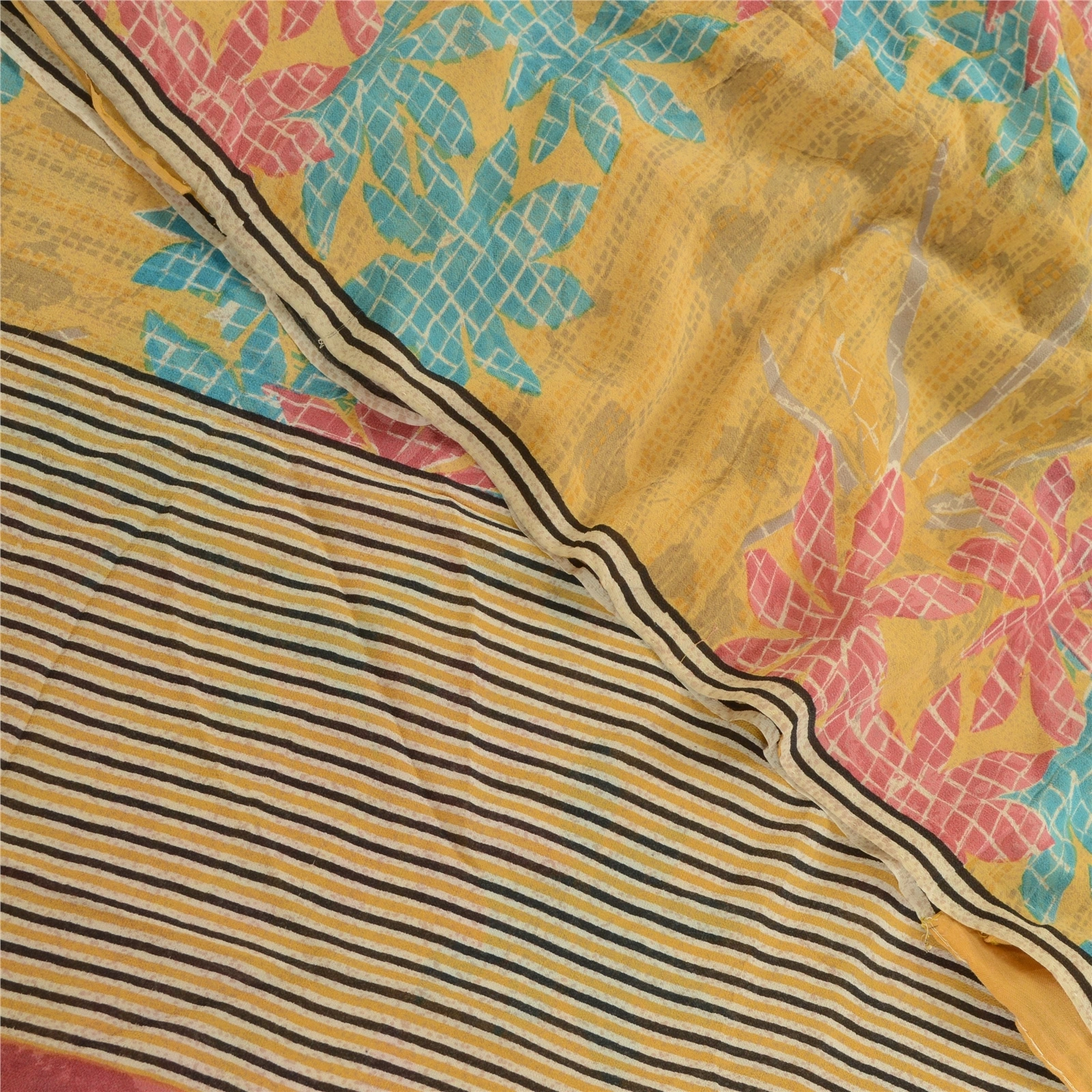 Sanskriti Vintage Yellow Sarees Pure Georgette Silk Printed Sari Craft Fabric, PRG-2939-Yellow-Printed Floral Design-Pure Georgette Silk-1